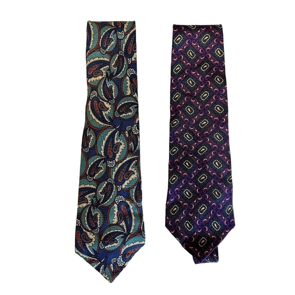 GB for Saks Fifth Avenue Men's Silk Ties Lot of 2 Paisley Burgundy Navy